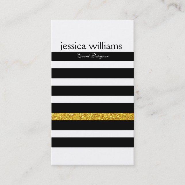 Modern Black Stripes Gold Glitter White background Business Card (Front)