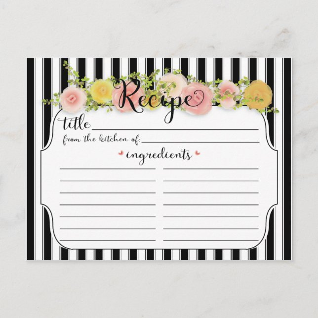 Modern Black Stripes with Roses Recipe Card (Front)