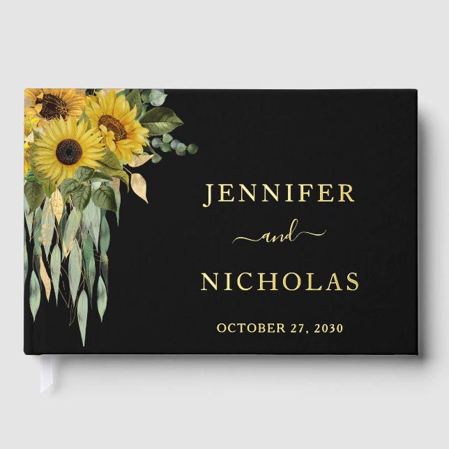 Modern Black Sunflower Wedding Gold Guest Book (Front)