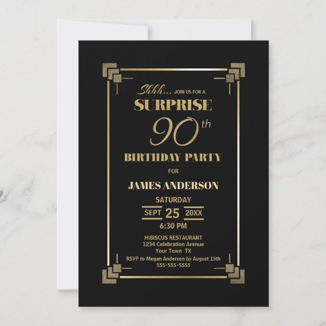 Modern Black Surprise 90th Birthday Party Invitation (Front)