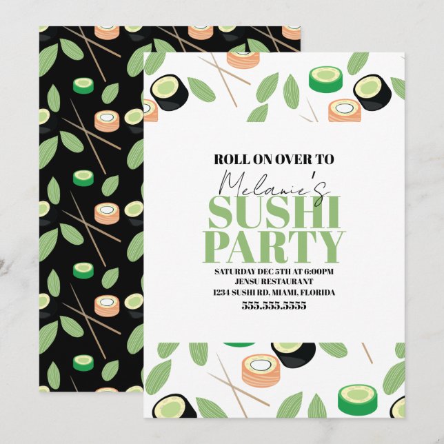 Modern Black Sushi Party Rolls Birthday Invitation (Front/Back)