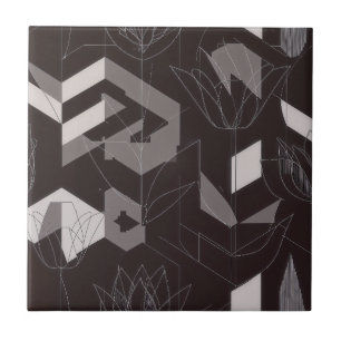 Modern Black Taupe Tulip Geometric Floral Pattern Ceramic Tile