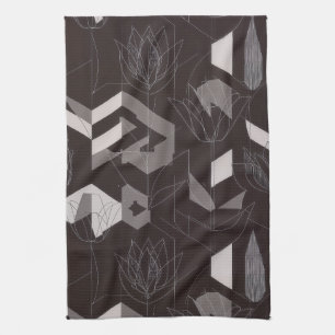 Modern Black Taupe Tulip Geometric Floral Pattern Tea Towel
