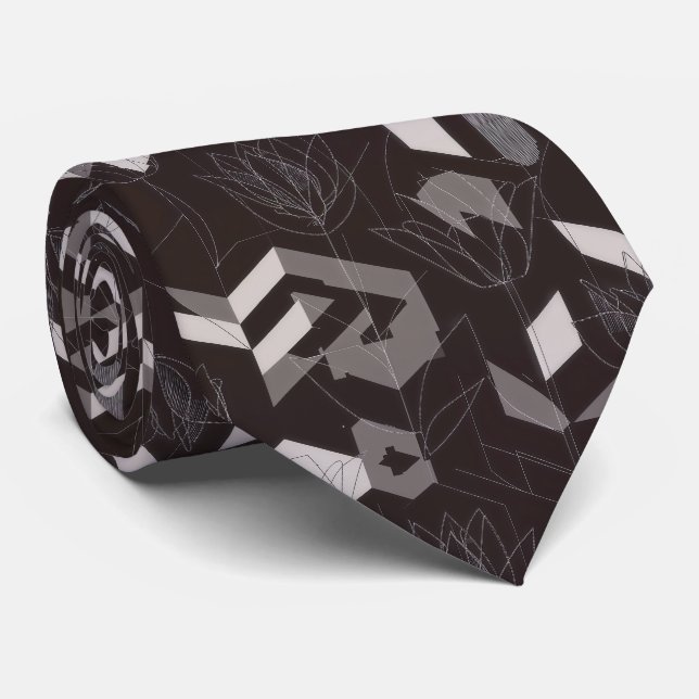 Modern Black Taupe Tulip Geometric Floral Pattern Tie (Rolled)
