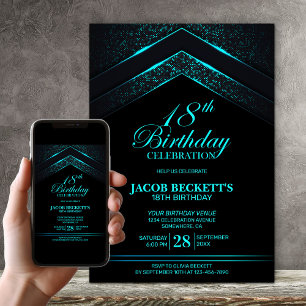 Modern Black Teal 18th Birthday Party Invitation