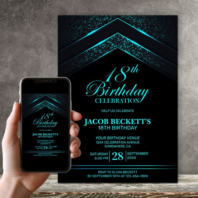 Modern Black Teal 18th Birthday Party Invitation (Creator Uploaded)