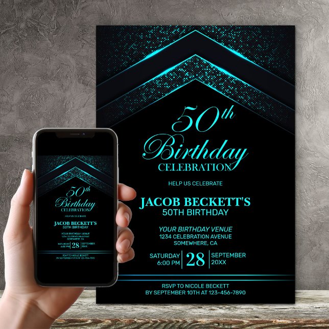 Modern Black Teal 50th Birthday Party Invitation (Creator Uploaded)