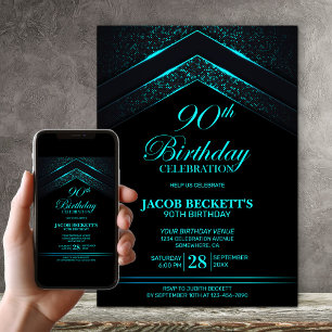 Modern Black Teal 90th Birthday Party Invitation
