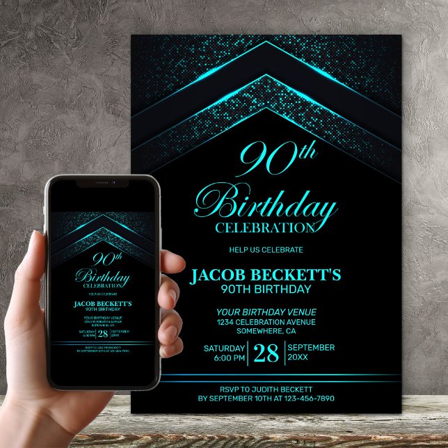 Modern Black Teal 90th Birthday Party Invitation (Creator Uploaded)