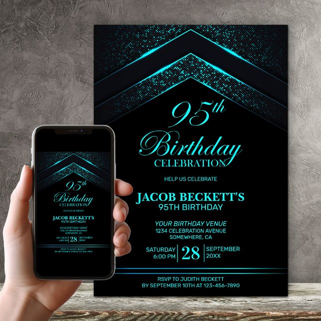 Modern Black Teal 95th Birthday Party Invitation (Creator Uploaded)