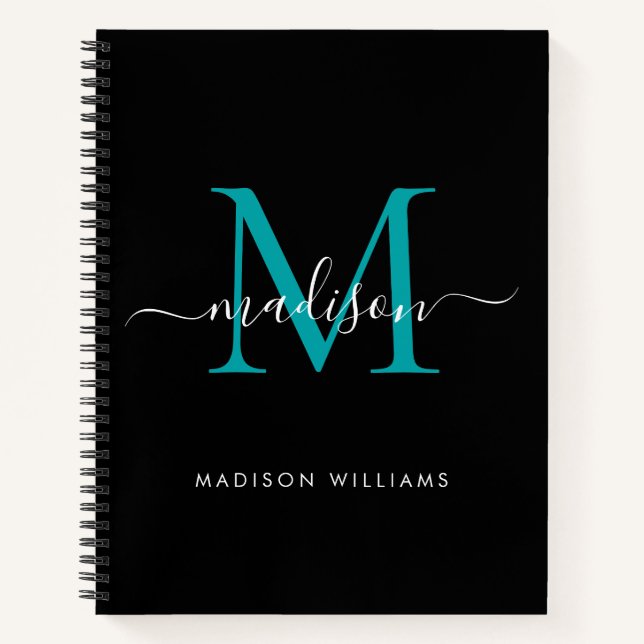 Modern Black Teal Green Girly Monogram Script Name Notebook (Front)