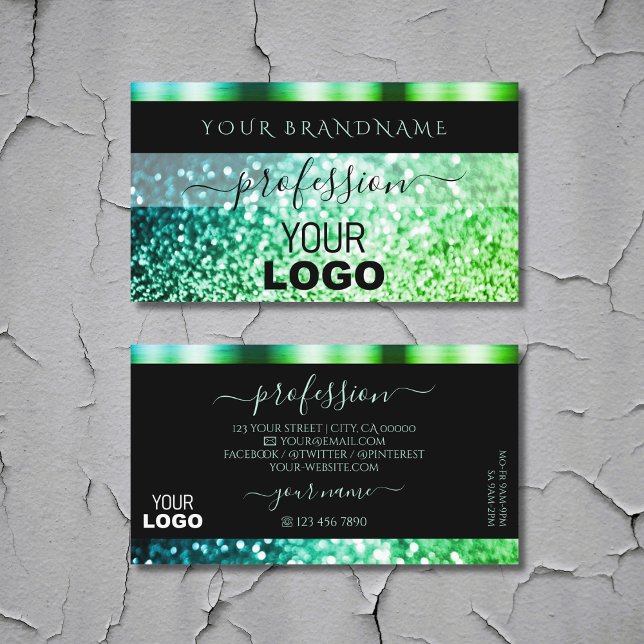 Modern Black Teal Green Sparkling Glitter Add Logo Business Card (Creator Uploaded)