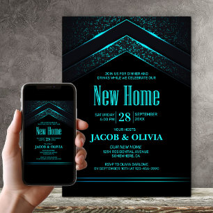 Modern Black Teal Housewarming Party Invitation