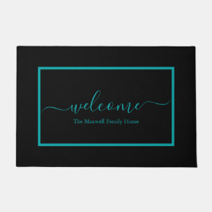Modern black teal script family name welcome doormat