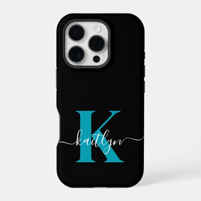 Modern Black Teal Script Monogram iPhone Case (Back)