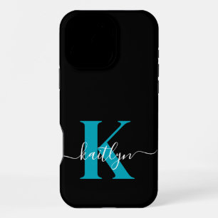 Modern Black Teal Script Monogram iPhone 16 Pro Max Case