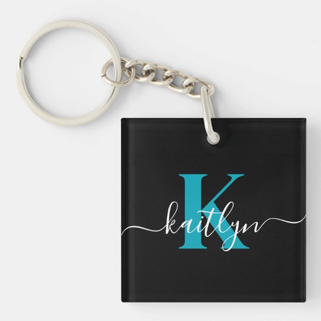 Modern Black Teal Script Monogram Key Ring (Front)