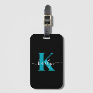 Modern Black Teal Script Monogram Luggage Tag