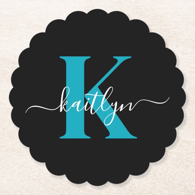 Modern Black Teal Script Monogram Paper Coaster (Front)