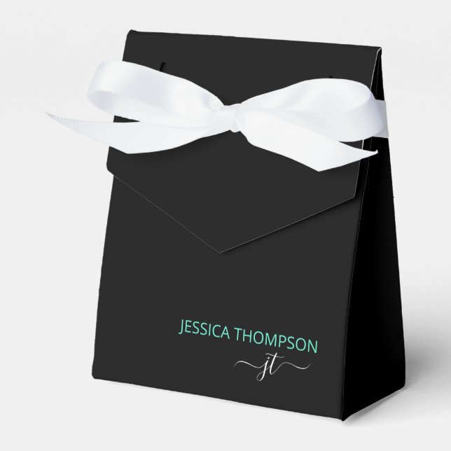 Modern Black Teal Simple Business Monogram Name Favour Box (Front Side)