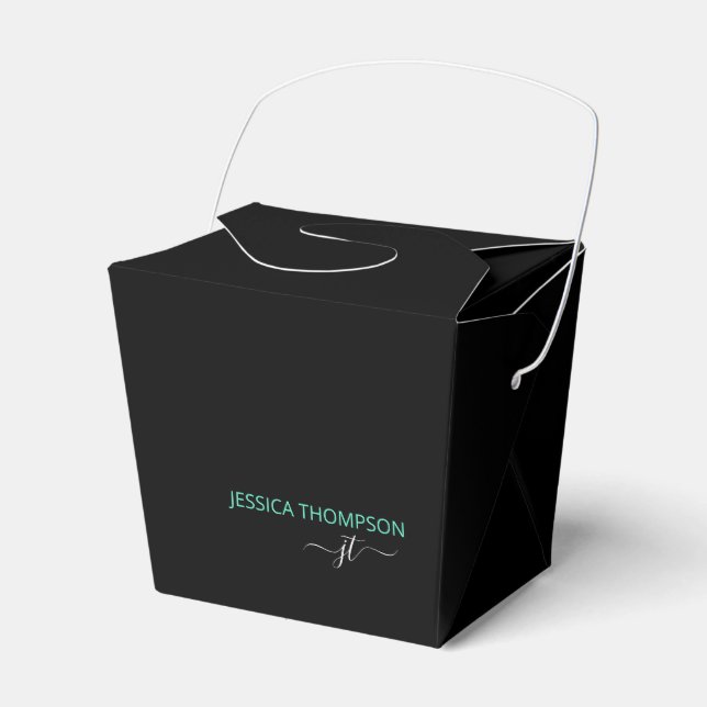 Modern Black Teal Simple Script Monogram Name Favour Box (Front Side)