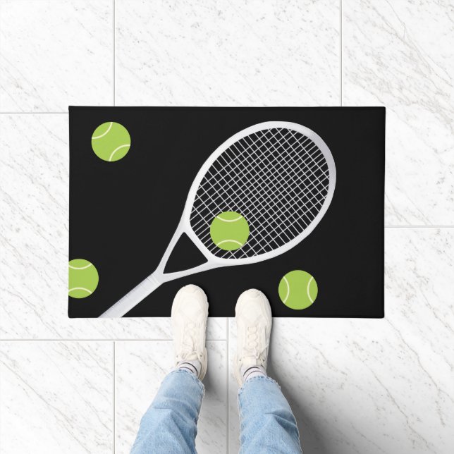 Modern Black Tennis Racket Ball Rug Doormat (Indoor)
