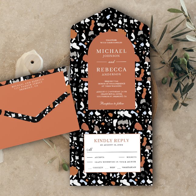Modern Black Terrazzo Tile Terracotta Wedding All In One Invitation (Creator Uploaded)