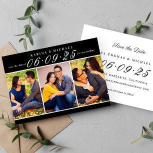 Modern Black Three Photo Collage Wedding Save The Date