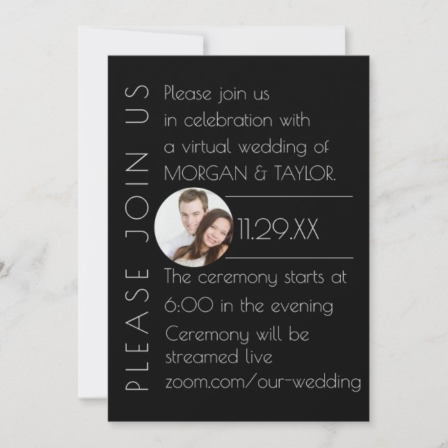 Modern Black Tonal Virtual Wedding, photo Invitation (Front)