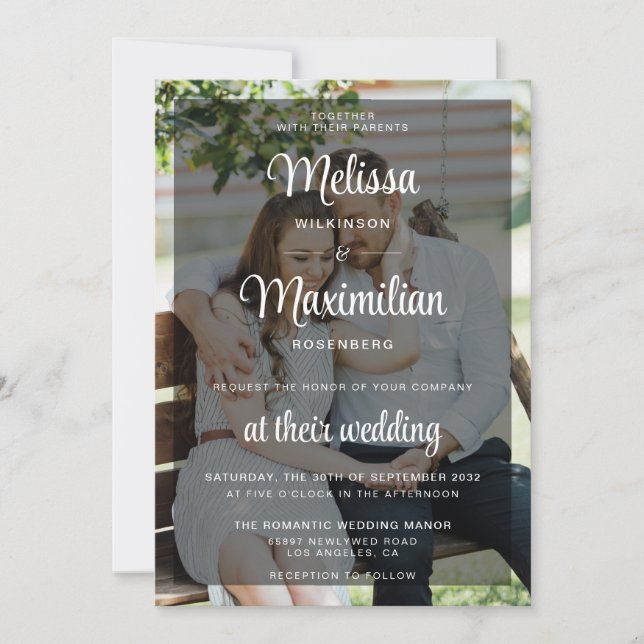 Modern black transparent chic 2 photo QR Code RSVP Invitation (Front)