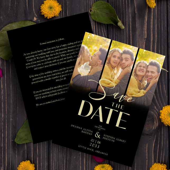 Modern Black Trendy Collage Wedding 3 Photos Save The Date (Modern Black Trendy Collage Wedding 3 Photos Save the Date with Envelope. )