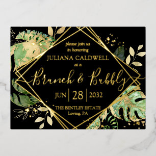 Modern Black Tropical Bridal Brunch & Bubbly Gold Foil Invitation Postcard