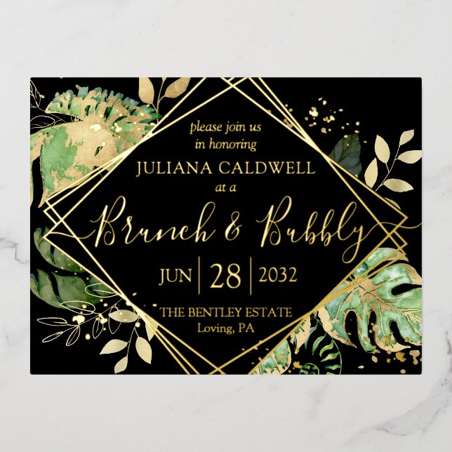 Modern Black Tropical Bridal Brunch & Bubbly Gold  Foil Invitation Postcard (Front)