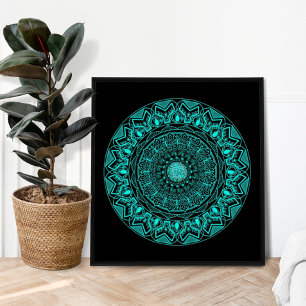 Modern black turquoise elegant mandala poster