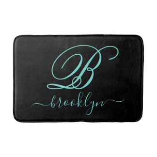Modern Black Turquoise Handwritten Monogrammed Bath Mat