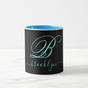 Modern Black Turquoise Handwritten Monogrammed Mug