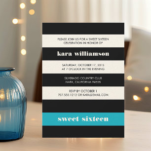 Modern Black & Turquoise Stripe Sweet Sixteen Invitation