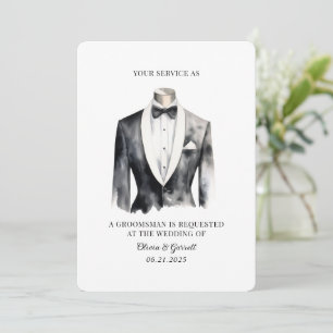 Modern Black Tuxedo Watercolor Groomsman Card