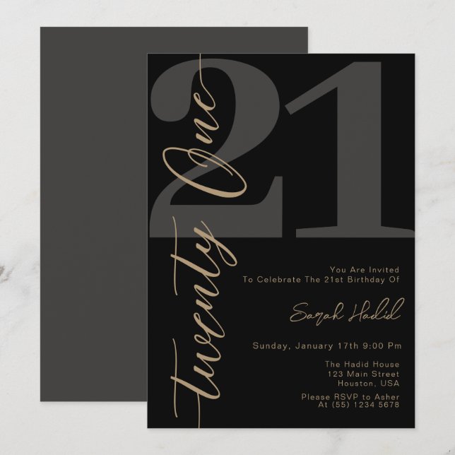 Modern Black Twenty One 21st Birthday Invitation (Front/Back)