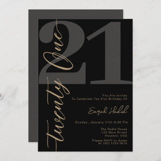 Modern Black Twenty One 21st Birthday Invitation