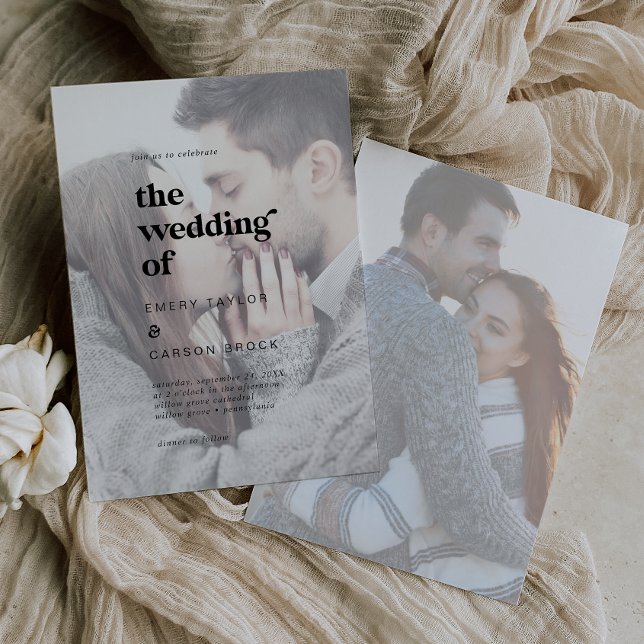 Modern Black Typography | Faded Photo Wedding Invitation (Creator Uploaded)