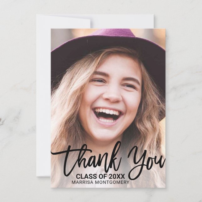 Modern Black Typography Photo Graduation Thank You Card (Front)