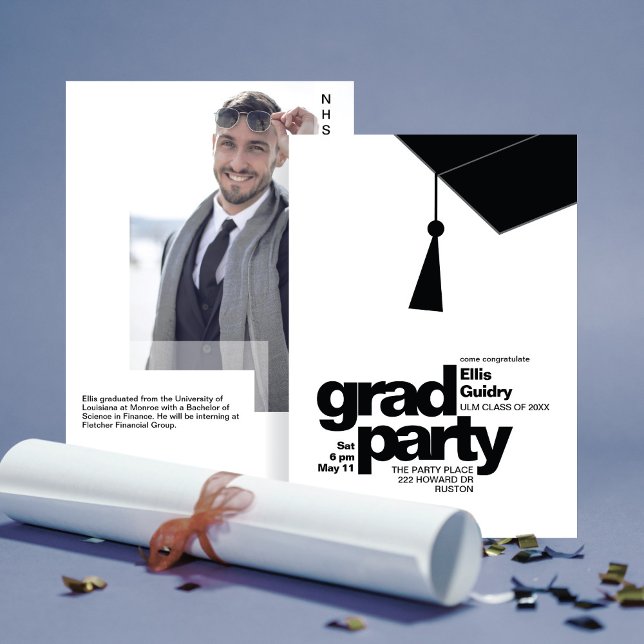 Modern Black Typography & Tassel Grad Party Photo Invitation (Creator Uploaded)