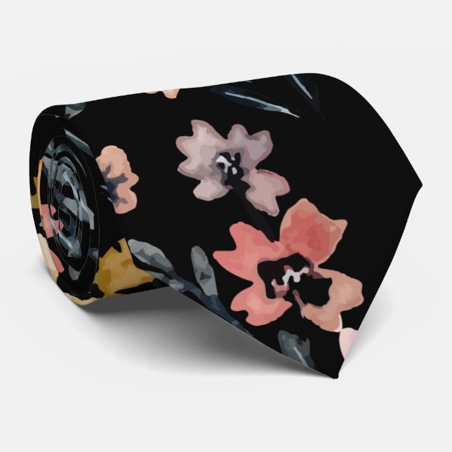 Modern Black Watercolor Botanical Floral Pattern Tie (Rolled)