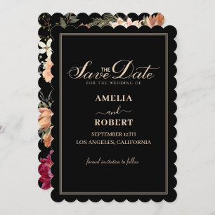 Modern black watercolor floral fall wedding save the date