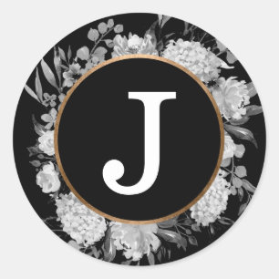 Modern Black Watercolor Floral Monogram Faux Gold Classic Round Sticker