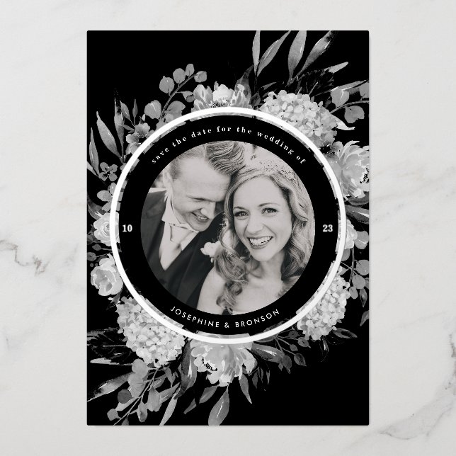 Modern Black Watercolor Floral Photo Save the Date (Front)
