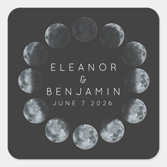 Modern Black Watercolor Moon Phases Wedding Custom Square Sticker (Front)