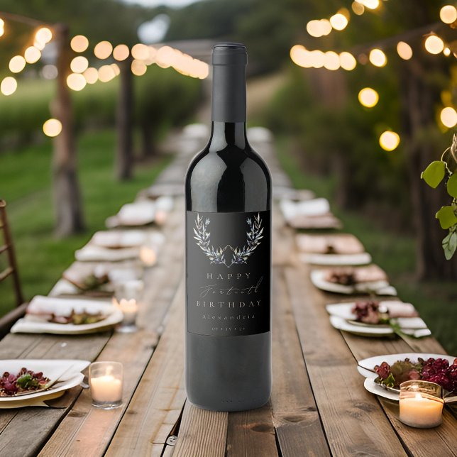 Modern Black Watercolor Olive Branch ANY Birthday Wine Label (Creator Uploaded)