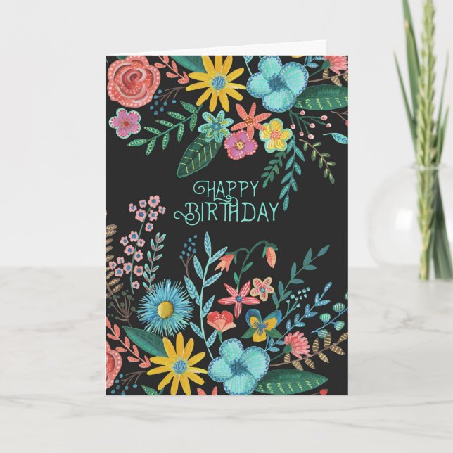 Modern black watercolours floral birthday card (Front)